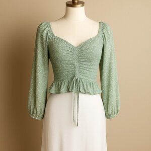 Hollister Cottagecore Y2K Sage Green Peasant Top Floral Ruched Romantic Large